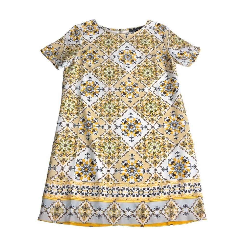 Lulus Dress Womens XS Dandy Lion Yellow Mosaic Shift Mini Lined Short Sleeve
